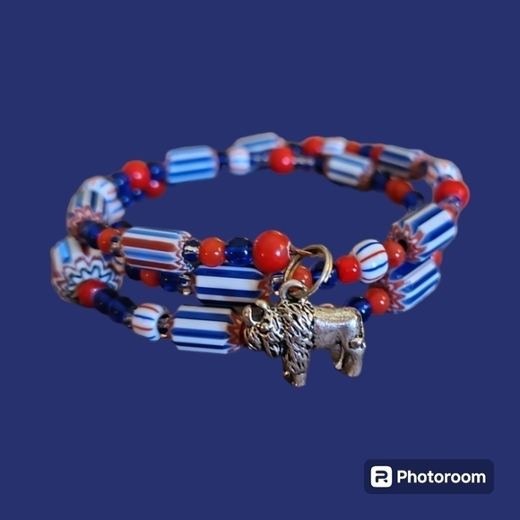 HANDMADE Vintage Chevron Glass Beaded Wrap Bracelet Buffalo Charm - Picture 2 of 5
